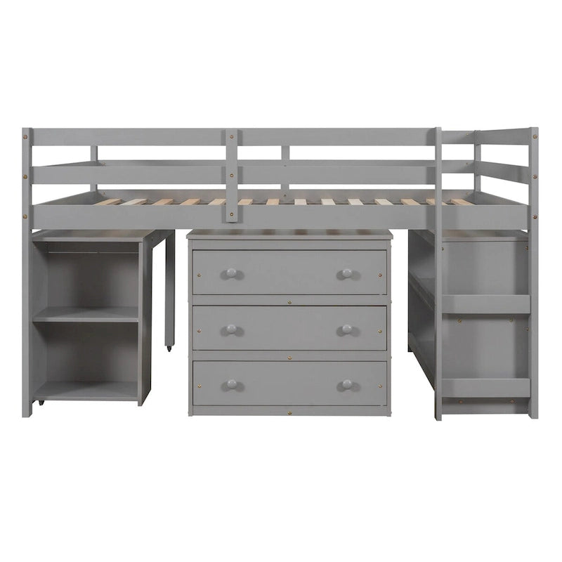 Lit mezzanine multifonction avec armoire, étagères et bureau roulant portable