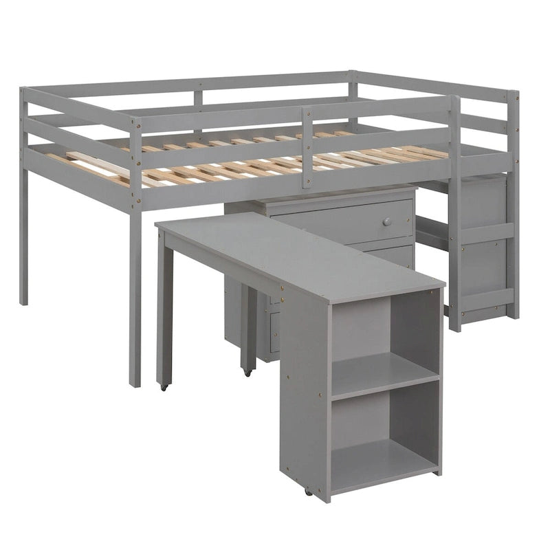 Lit mezzanine multifonction avec armoire, étagères et bureau roulant portable