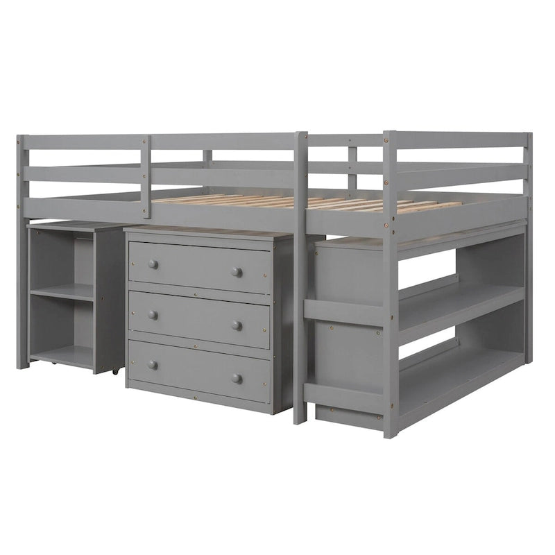 Lit mezzanine multifonction avec armoire, étagères et bureau roulant portable
