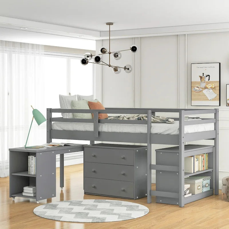 Lit mezzanine multifonction avec armoire, étagères et bureau roulant portable