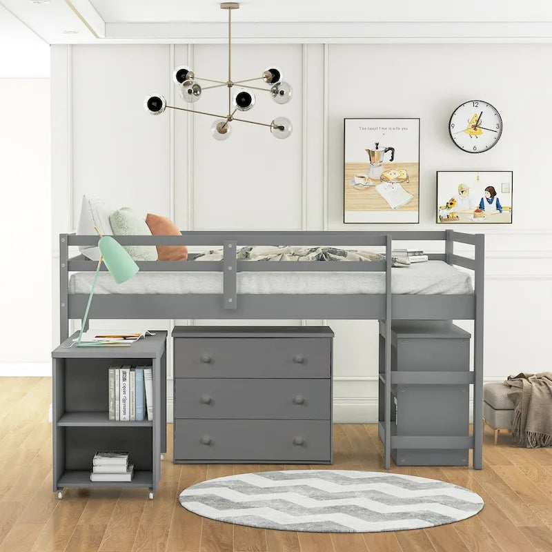 Lit mezzanine multifonction avec armoire, étagères et bureau roulant portable