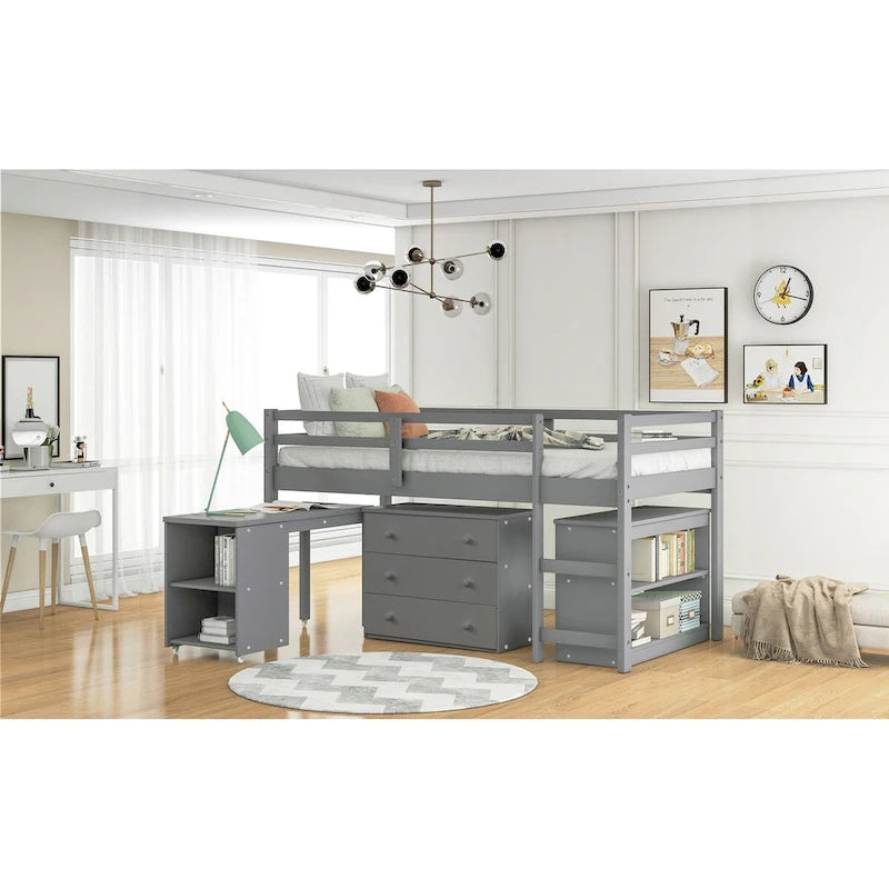 Lit mezzanine multifonction avec armoire, étagères et bureau roulant portable
